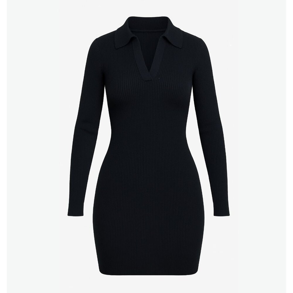 PrettyLittleThing Black Mini Dress Size 6 Ribbed Knit Bodycon Long Sleeve Preppy - Picture 1 of 10